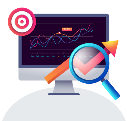 Optimized SEO image featuring a display, graph, and analytics tools.